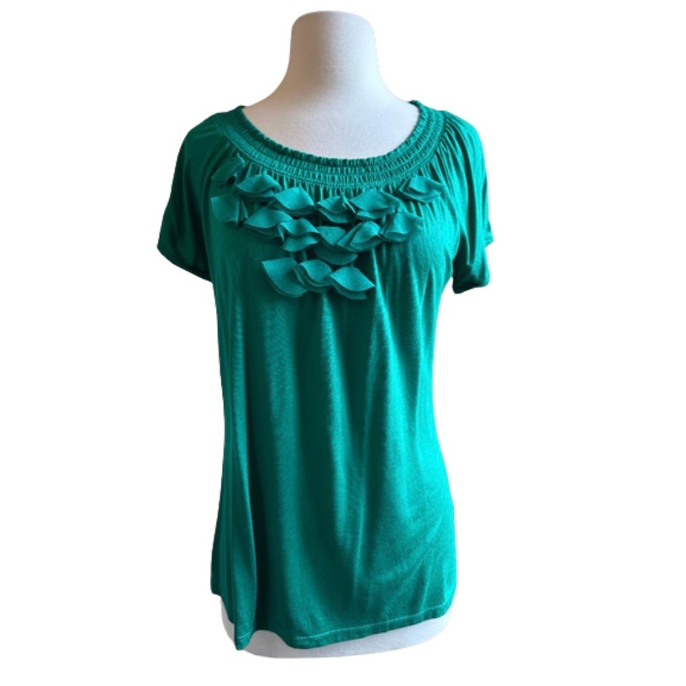 THE LIMITED Top Green Modal Chiffon Ruffle Appliqué Short Sleeves Green Medium